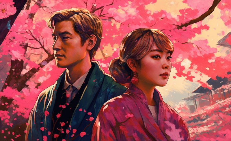 樱花飘落卡通情侣情人节节日背景,插画/手绘图,插画/手绘图库,插画/手绘图下载,插画/手绘